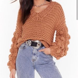 Knit On V-Neck Pom Pom Sweater